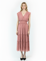 Robe Longue Évasée en Dentelle à Volants et Col V Élégante