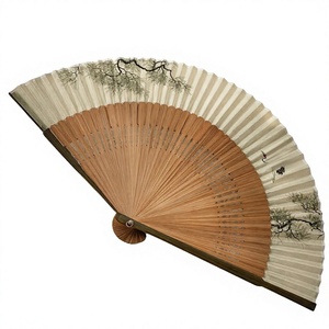 Handmade Bamboo Folding Fan with Pine Tree <b>Painting</b> Modern Art Collectible <b>Natural</b> Craft Wedding Decor - Product Image 1