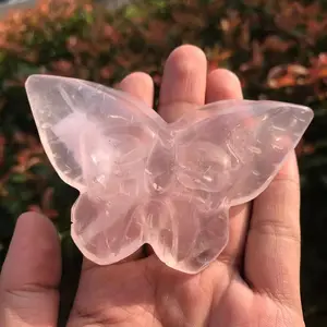 Groothandel Natuurlijke Hand Gesneden Rose Quartz Schedels Vlinder Beeldje Kristallen Healing Stenen Voor Decoratie