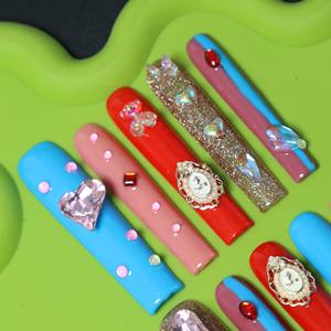 Uñas postizas de lujo acrílicas hechas a mano con diseño de estrellas y mariposas, puntas francesas, cobertura completa, estilo ataúd largo, venta al por mayor - Product Image 5