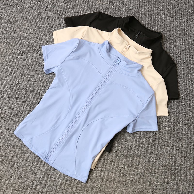 Summer Women's Casual Solid Yoga Tops High Quality Waist Slimming Training Shirt Quick-Drying Stand Collar Full Zipper Short