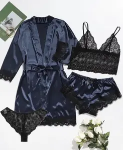2024 Groothandel Lange Mouwen Zijden 4-delige Satijnen Nachtkleding Pyjama Sets Voor Dames Sexy Nachtkleding Voor Dames
