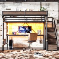 Cama Loft Industrial Moderna de Metal Tamanho Twin com Escrivaninha, Estação de Carregamento, Fita LED, Pegboard, Cestos de Malha e Escada para Armazenamento