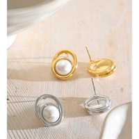 Boucles d'oreilles JINYOU 8007 vintage en acier inoxydable plaqué or PVD, double cadre ovale, perles simulées, boucles d'oreilles statement