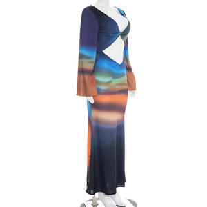 Viviblook D26DS030 Vestidos Casuales para Mujer, Vestido Largo Elegante con Espalda Descubierta y Mangas Largas de Malla Estampada - Product Image 4