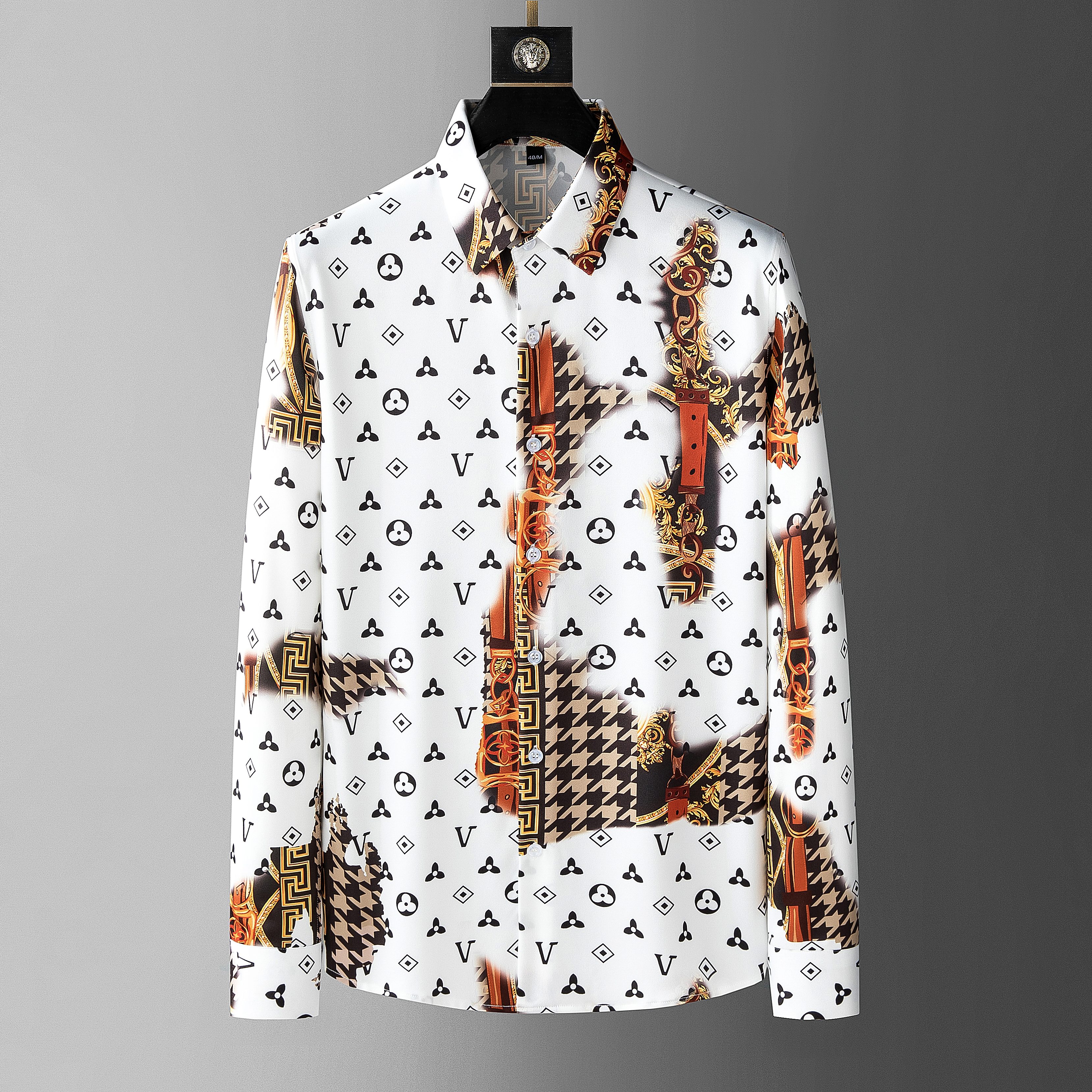 slim fit dress slacks Black Gold Baroque Long Sleeve Men Button Up Shirt, Vintage Retro Print Male Casual Dress Casual Buttoned Collared with Chest Pocket M