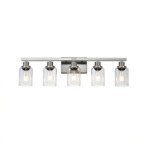 Luminaire de salle de bain moderne à 5 lumières, 31 pouces, finition nickel brossé avec abat-jour en verre transparent, éclairage pour zone de toilette (sans ampoules) - Product Image 1