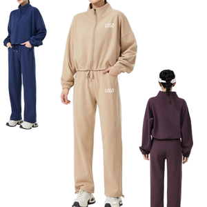 Conjunto deportivo Aoyema para mujer, ropa de yoga, sudadera con forro polar a prueba de viento, pantalones rectos de pierna ancha, conjunto de fitness para otoño. - Product Image 1