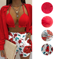 Trendy Çiçek Baskılı 3 Parçalı Set Kadın Yazlık Plaj Tatil Kıyafeti Seksi Halter Crop Top Şort Toptan Giyim Gönderime Hazır