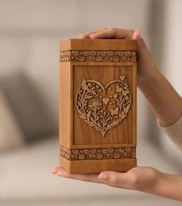 Wholesale Traditional Solid Wood <b>Memorial</b> Urn with Hand Carved Heart Design Cremation Ashes <b>Box</b> For Human Ash - Product Image 3