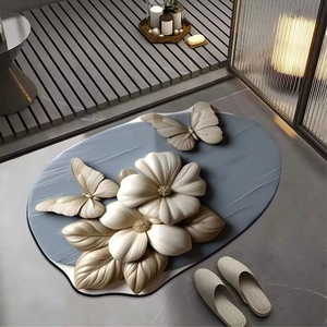 Tapis de bain en boue de diatomées 3D floral papillon, ovale, antidérapant, absorbant l'eau, pour la maison - Product Image 1
