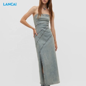 Fabricantes de ropa Vestido vaquero de diseño personalizado Frente Split Maxi Vestidos casuales para mujer - Product Image 3