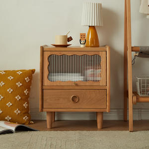 Mesita de noche nórdica de madera maciza con puerta de vidrio, muebles de almacenamiento minimalistas modernos para dormitorio de madera de cerezo - Product Image 2