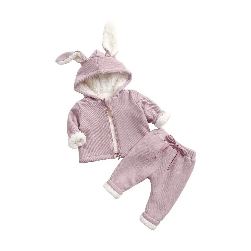 Popular conjunto de roupas para bebês, 100% algodão, cor pura, orelhas de coelho, pijamas adoráveis, conjunto de roupas de bebê