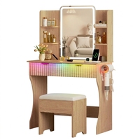 Coiffeuse de chambre moderne en chêne avec miroir LED, prise de courant, 3 modes d'éclairage, luminosité réglable, ensemble de table de maquillage avec rangement
