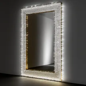 مرآة فاخرة بحامل لخلع الملابس ، مرآة كبيرة Led بالماس بالجملة صالون حلاقة كامل الطول مع إضاءة