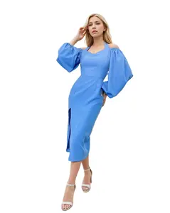 Tatil moda seksi rahat mavi Polyester Halter askısız uzun kollu kabarcık kol bölünmüş kadın elbiseleri