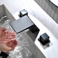 Keran Kamar Mandi Angled Tower Waterfall Matte Black 3 Lubang Pegangan Kubus Ganda Model Widespread Deck Mount Basin Faucet