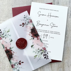 <span class=keywords><strong>Invitation</strong></span> de mariage luxueuse en vélin imprimé motif floral orange brûlé avec sceau de cire pour l'automne - Product Image 3
