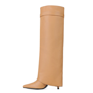 Thin High Heel Pointed Toe Overlay Shoes Dress Stiletto Pants Lock Boots Women's Folded Over Metal Decor Knee High <b>Booties</b> - Product Image 4