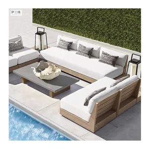 Sofá em U de madeira personalizado combinação seccional de teca à prova d'água lazer hotel pátio jardim sofá de madeira ao ar livre