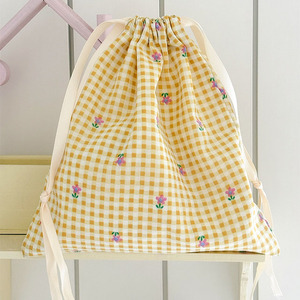 Yellow Checkered Floral Cotton Drawstring Bag Fresh Minimalist Instagram-worthy Storage Bag for Travel Organizing Small Items - Product Image 3