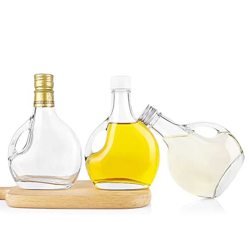 Flat Shape 8oz 250ml Clear Glass Syrup Bottle Liquor Olive Oil Bottle With Handle and Screw Top
