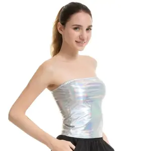 Top bandeau métallique extensible sans bretelles pour femmes Top à épaules dénudées Brillant Crop Top Raves Festival Club <span class=keywords><strong>Dance</strong></span> Tube Tops - Product Image 2