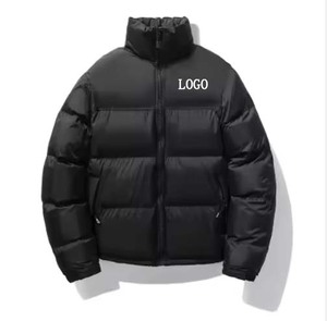 Veste matelassée noire pour homme, col montant, fermeture éclair, coupe-vent, rembourrage en polyester, manteau d'hiver décontracté, design avec logo sur le devant - Product Image 1