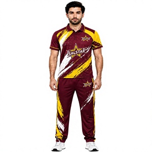 Conjunto de Uniforme de Cricket para Hombre SALSTAR, Color Granate y Amarillo, Estampado Sublimado, Jersey y Pantalones de Poliéster que Absorben la Humedad, Corte Regular - Product Image 1