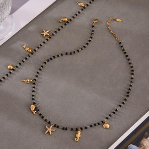 Vintage 18K oro acero inoxidable negro cristal Ábaco piedra Natural hueco cuenta cuatro puntas estrella colgante collar 41 + 5cm - Product Image 4