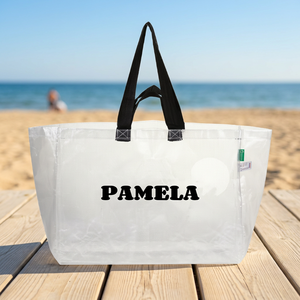 Bolsa de Compras Mediana Transparente Tejida Pamela con Asas de Cuerda, Cierre de Cremallera, Correa para el Hombro y Estampado de Letras Personalizado para Compras - Product Image 4