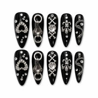 Faux ongles gothiques sombres en PMMA, longs, à pression, avec strass noirs, forme cercueil, couvrance totale, faits à la main, pour doigts