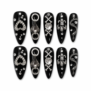 Faux ongles gothiques sombres en PMMA, longs, à pression, avec strass noirs, forme cercueil, couvrance totale, faits à la main, pour doigts - Product Image 1