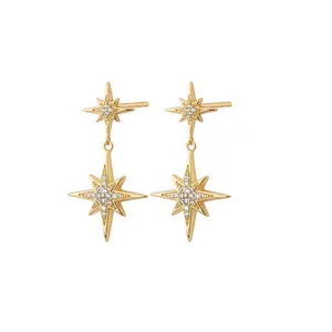 Gold Plated 925 Sterling Silver Double Eight Pointed Star Stud Earrings Stud