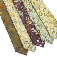 Corbata de Algodón Casual Color Verde Mostaza con Diseño de Flores Silvestres, Corbata Personalizada con Logotipo para Hombre, OEM