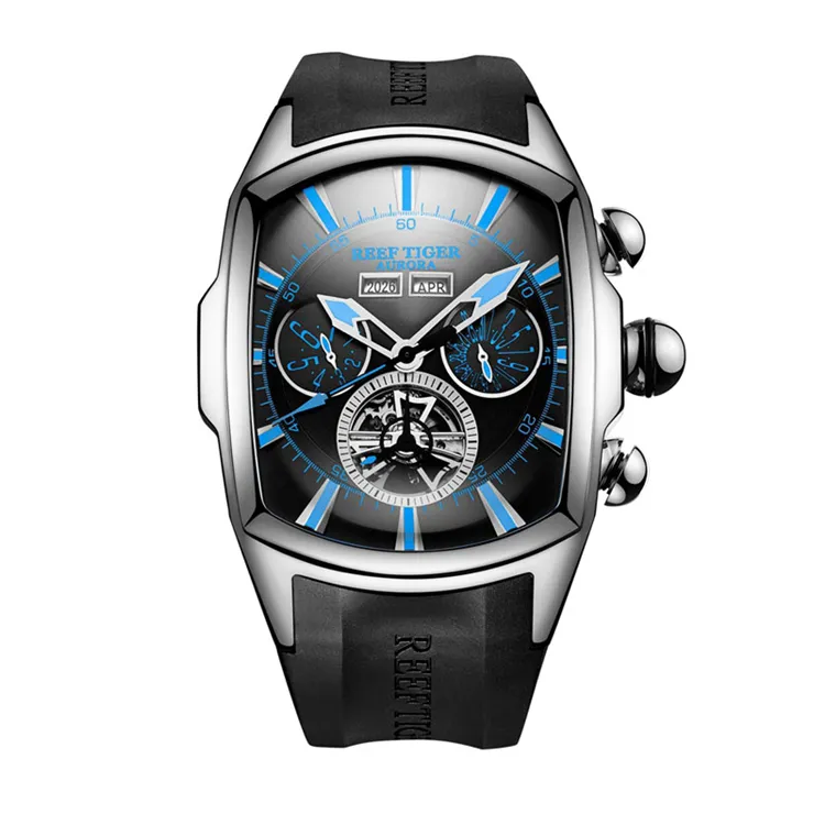 REEF TIGER-Reloj de pulsera para hombre, de lujo, grande, con esfera azul, mecánico, Tourbillon, deportivo, Masculino, 2022