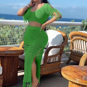 Women's Casual Sexy <b>Split</b> Woolen Hand Crochet Knit Tassel Top <b>Skirt</b> 2 Piece Set Fashion - Product Image 2