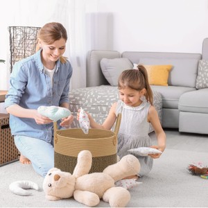 Panier de rangement rond en fil de coton avec poignées, organisateur de vêtements multifonctionnel pour le linge et le rangement des jouets - Product Image 4
