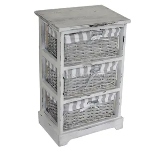 Shabby Chic Rattan Möbel Holz Nachttisch Seitens chrank mit Weiden körben Truhe mit Rattan Schublade