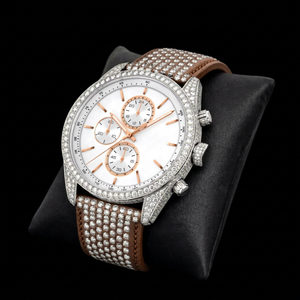 Montre de luxe avec cadran blanc et accents de diamants, style chronographe, bracelet marron étincelant, montre élégante et remarquable pour les modernes - Product Image 1