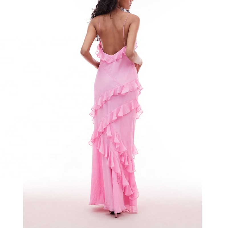 Women Summer Dress Silky Chiffon Fitted Dress Maxi Stuns with Overlapping  Asymmetrical Ruffles 100% Silk Maxi Dress| Alibaba.com