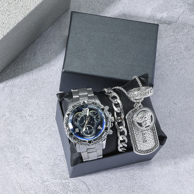 Trendy Silver Men's Gift Set 4Pcs Leather Watch Cuban Link Bracelet Medusa Pendant Necklace Ring Jewelry Thanksgiving New Year