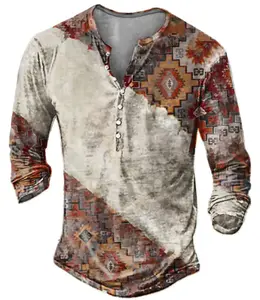 Camiseta de Henley para hombre, camisa de manga larga con estampado gráfico y botones, estilo bohemio clásico, de talla grande y Vintage