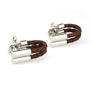 Custom Mens Shirts Cufflinks Brown Silver Stud Post with Rope Button Metal Cufflinks Leather Cufflinks