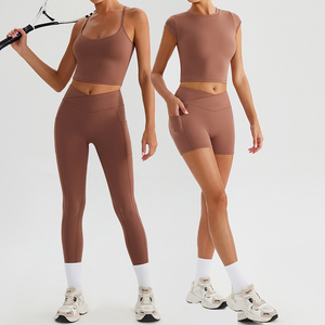 Conjunto Deportivo para Mujer Más Vendido: Camiseta de Manga Corta Estilo Halter con Bolsillos y Leggings para Correr/<span class=keywords><strong>Yoga</strong></span> - Product Image 3