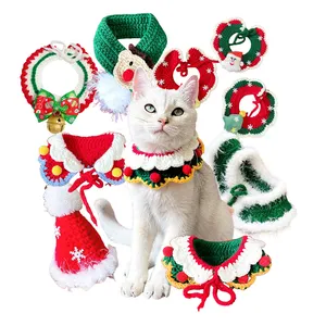 अमेज़ॅन हॉट सेलिंग पालतू क्रिसमस की सजावट हाथ से बनाया गया क्रिसमस बिल्ली के कपड़े कॉलर टोपी स्कार्फ
