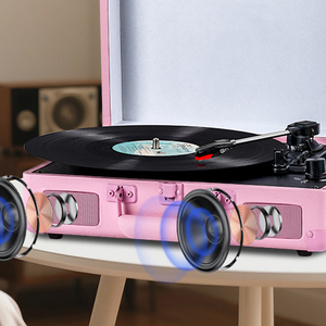 Tourne-disque portable vintage 3 vitesses en forme de valise <span class=keywords><strong>rose</strong></span> avec sortie RCA, entrée AUX et haut-parleurs stéréo intégrés - Product Image 3