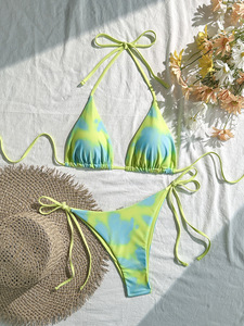 Conjunto de Bikini de 2 Piezas para Mujer, Tie-Dye, con Ribete en Contraste, Halter, Lazos Laterales, Triángulo en la Parte Delantera, Secado Rápido, Traje de Baño para Playa y Verano - Product Image 6