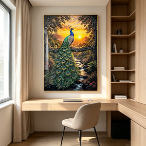 Décoration Murale Moderne : Tableau LED en Porcelaine Cristalline avec <span class=keywords><strong>Paon</strong></span> <span class=keywords><strong>Vert</strong></span>, Coucher de Soleil et Ruisseau en Forêt, Paysage Encadré à Suspendre - Product Image 4